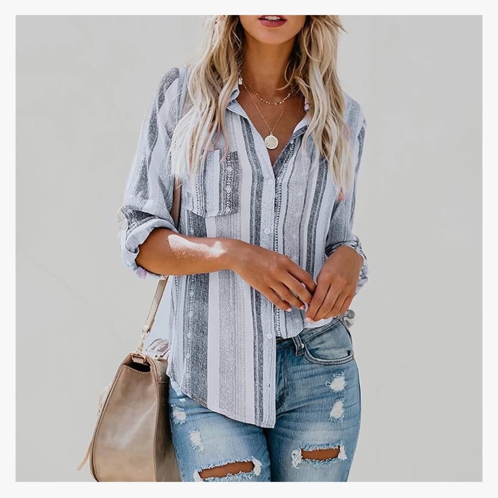 Astylish Women’s XXL V Neck Striped Roll up Sleeve Button Down Blouse Top
IN0166